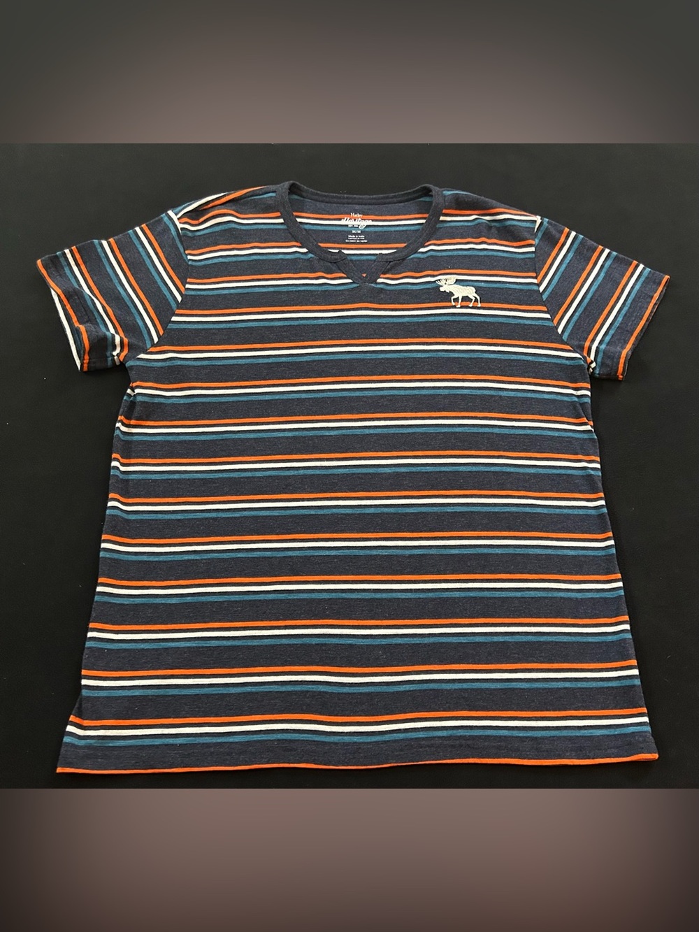 Hatley Ladies Size Medium Navy Striped V Neck Tee w/Orange, Teal•Moose Logo